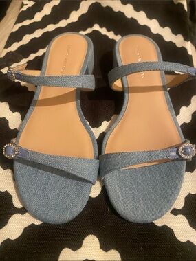 Denim Blue Women's Ankle-Strap Sandals with Decorative Buckle